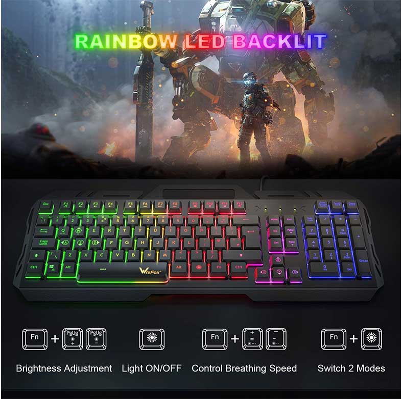 کیبرد گیمینگ کامپیوتر سیمدار با نگهدارنده تلفن با نور پسزمینه WisFox USB RGB - تصویر 2