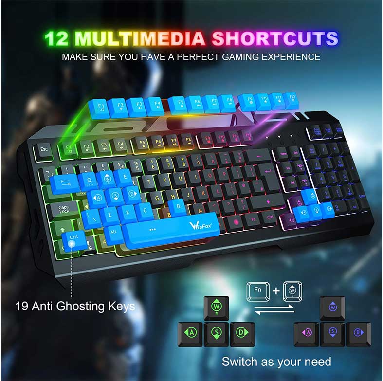 کیبرد گیمینگ کامپیوتر سیمدار با نگهدارنده تلفن با نور پسزمینه WisFox USB RGB - تصویر 3