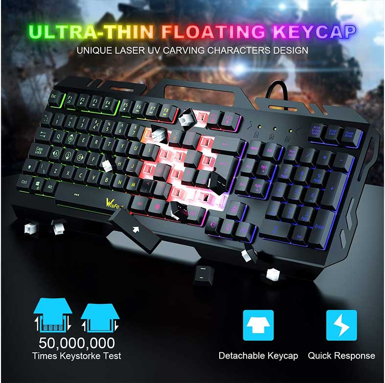 کیبرد گیمینگ کامپیوتر سیمدار با نگهدارنده تلفن با نور پسزمینه WisFox USB RGB - تصویر 4