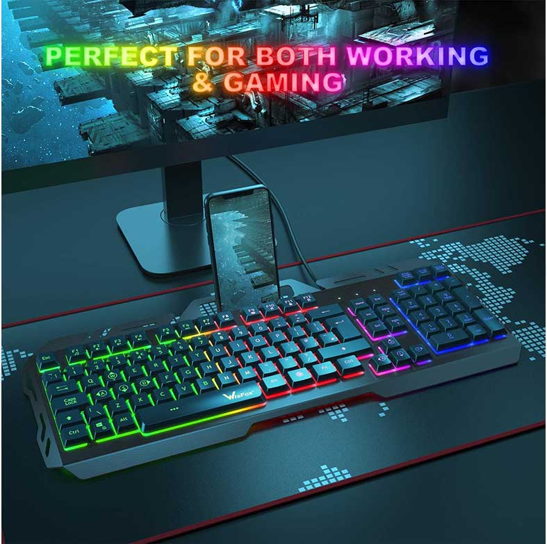 کیبرد گیمینگ کامپیوتر سیمدار با نگهدارنده تلفن با نور پسزمینه WisFox USB RGB - تصویر 6
