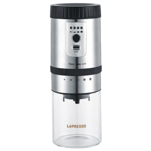 آسیاب قهوه کوچک قابل حمل Lepresso | ذخیرشه سازی 250 میلی لیتر، شارژ نوع C، تنظیمات آسیاب قابل تنظیم، زمان شارژ مجدد 2-3 ساعت